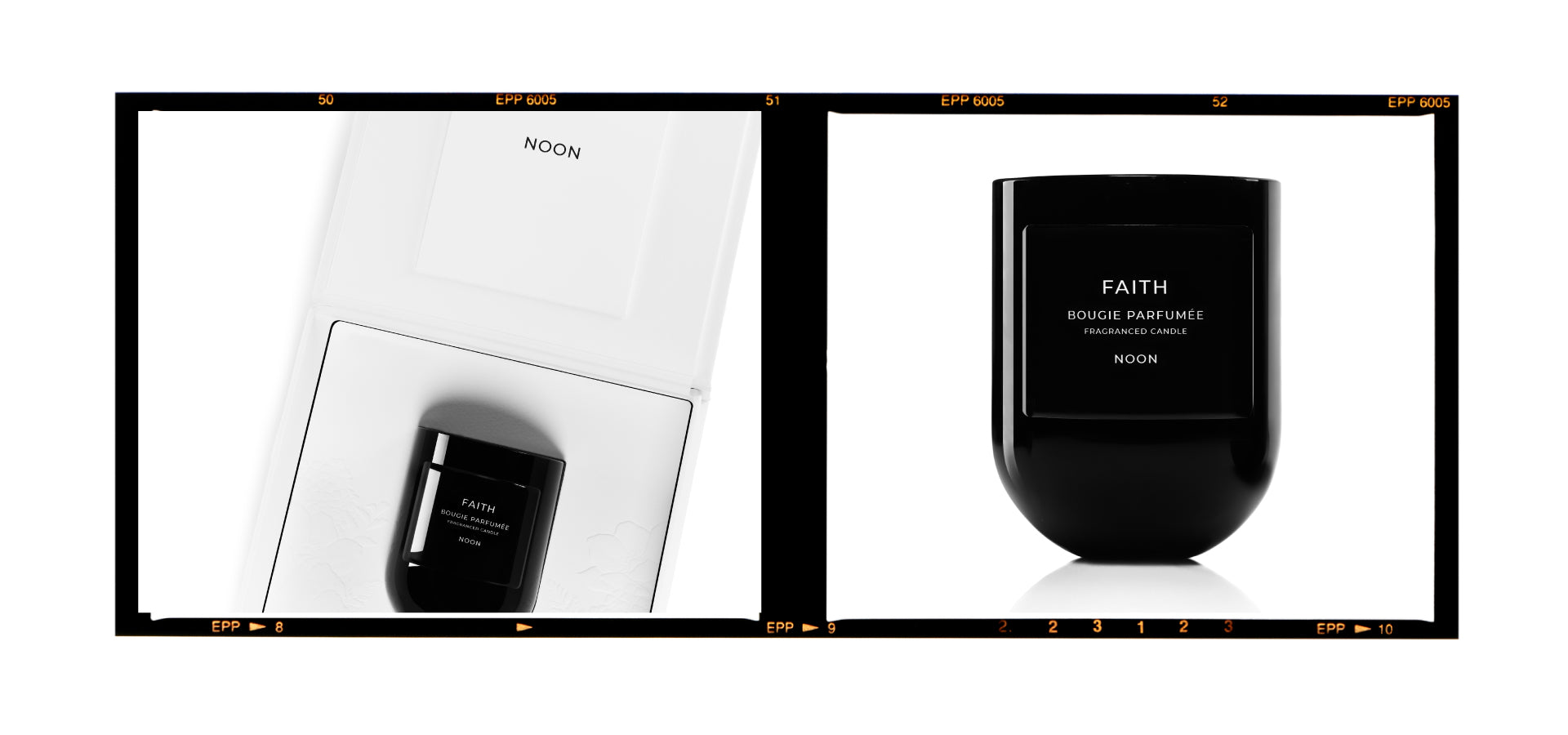 Faith candle gift box and candle in side by side photos.